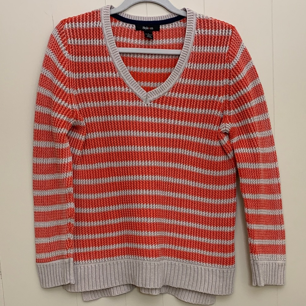 Style & Co. Red and Tan Striped V-Neck Sweater